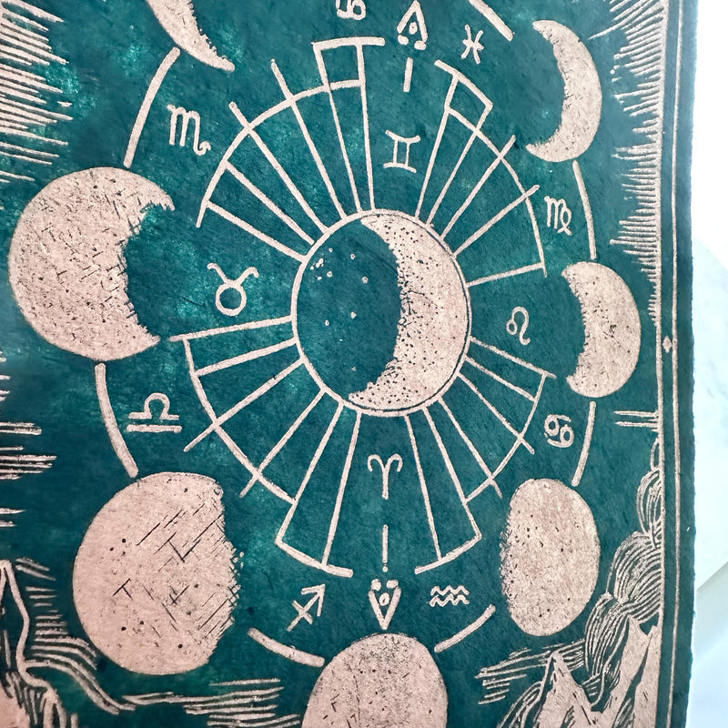 Mondphasen & Sternzeichen Linoldruck DIN A4 | detailreicher Linolschnitt | besondere Geschenkidee | Himalaya-Papier | kostenloser Versand
