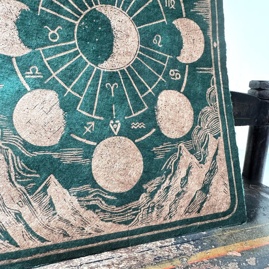 Mondphasen & Sternzeichen Linoldruck DIN A4 | detailreicher Linolschnitt | besondere Geschenkidee | Himalaya-Papier | kostenloser Versand