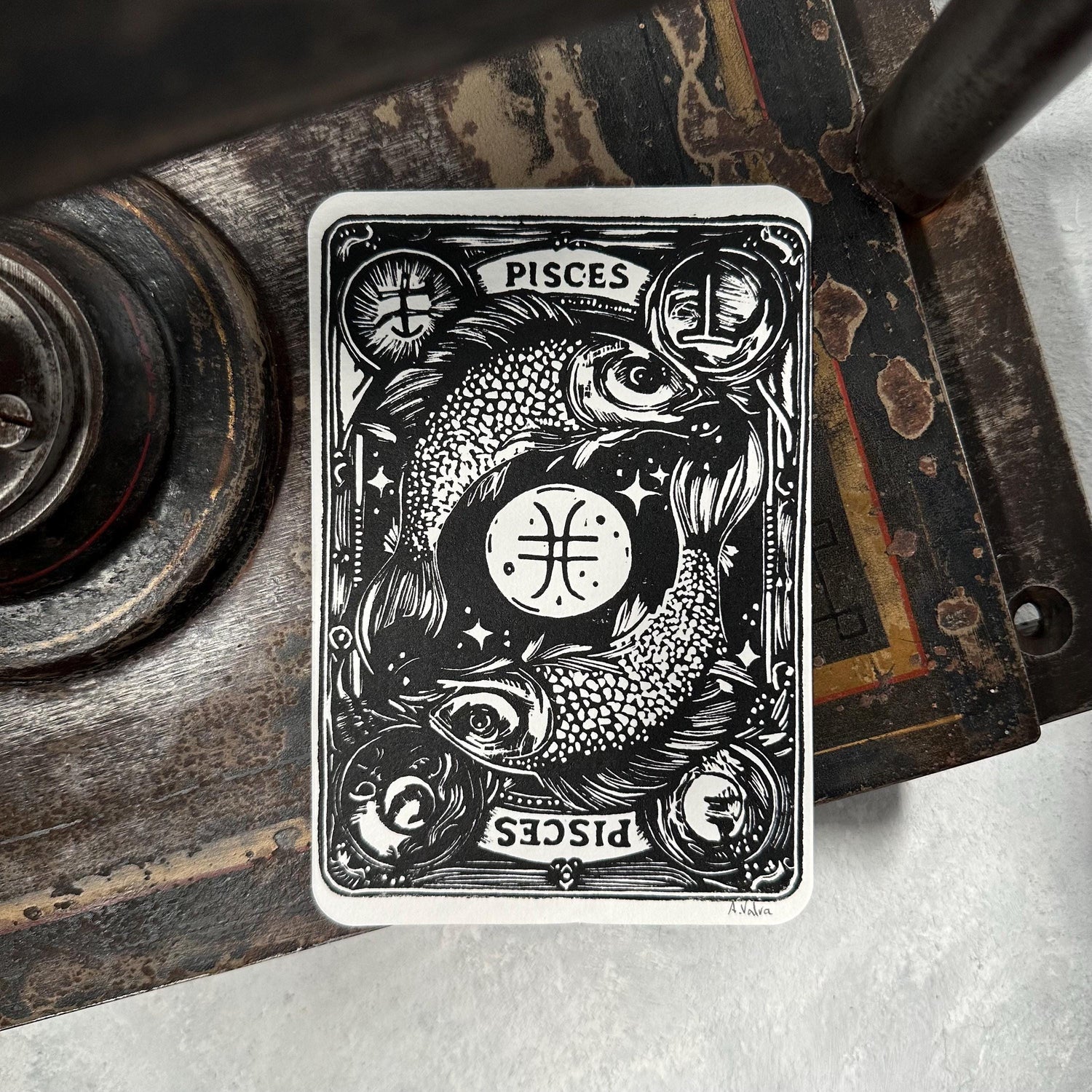 Sternzeichen Fische Linoldruck