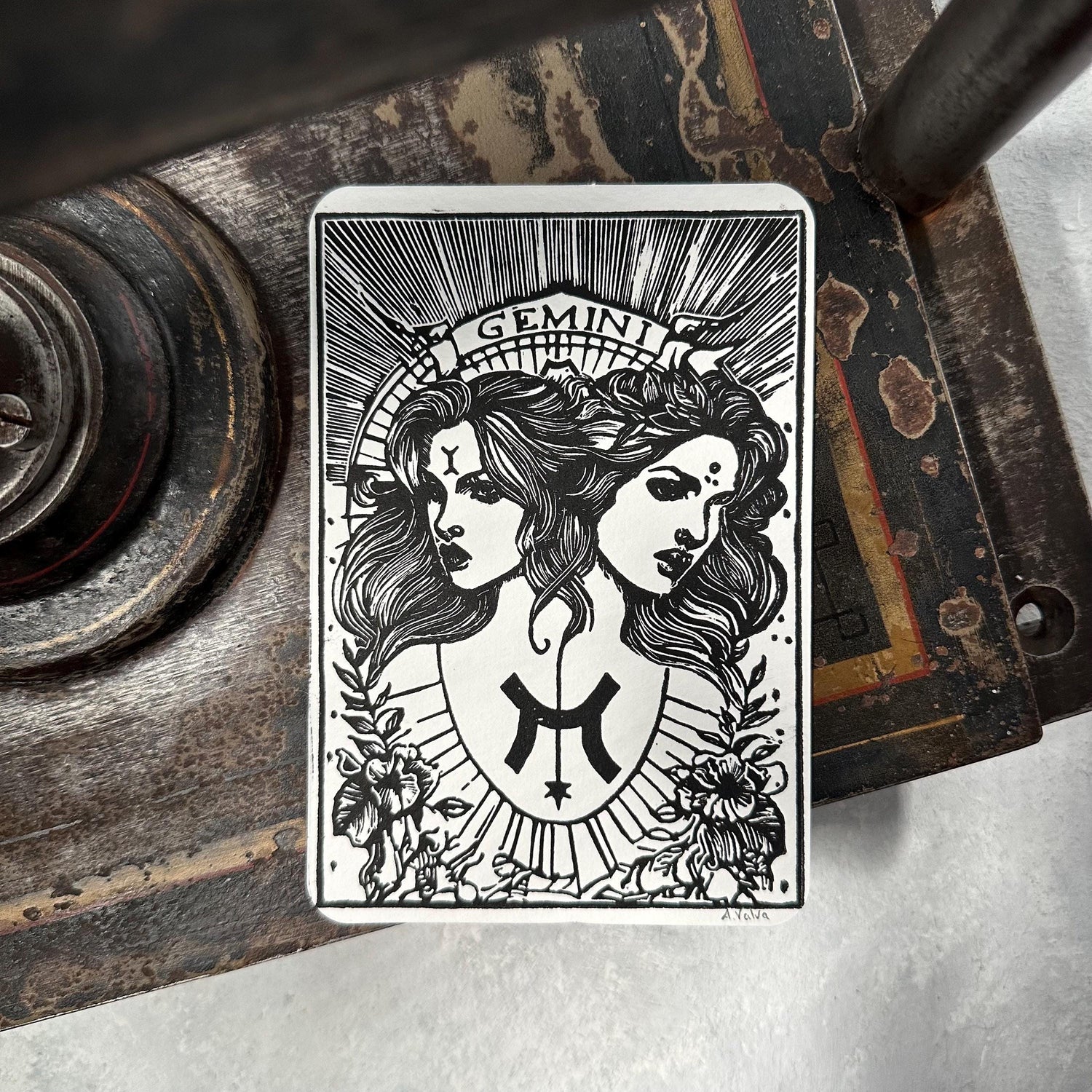 Sternzeichen Zwillinge Linoldruck