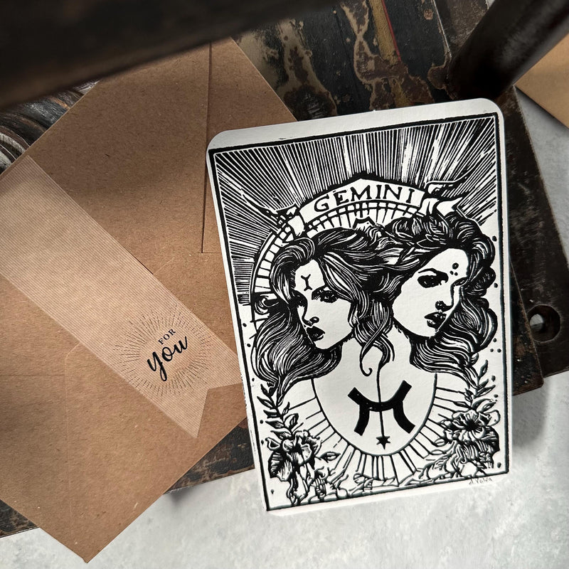 Sternzeichen Zwillinge Linoldruck