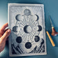 Mondphasen & Sternzeichen Linoldruck DIN A4 | detailreicher Linolschnitt | besondere Geschenkidee | Himalaya-Papier | kostenloser Versand