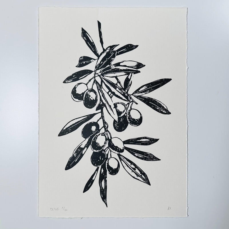 Olivenzweig Linoldruck | detailreicher Linolschnitt DIN A4 | mediterrane Wanddekoration | handgemachter Druck | besondere Geschenkidee