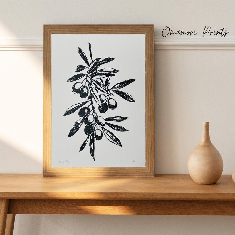 Olivenzweig Linoldruck | detailreicher Linolschnitt DIN A4 | mediterrane Wanddekoration | handgemachter Druck | besondere Geschenkidee